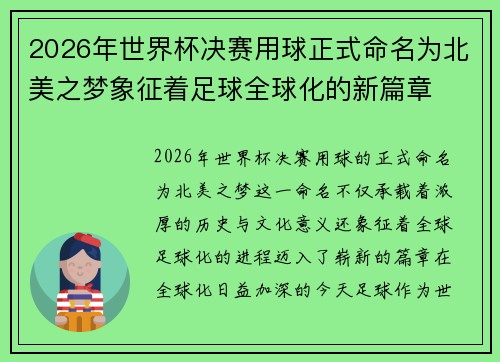 2026年世界杯决赛用球正式命名为北美之梦象征着足球全球化的新篇章